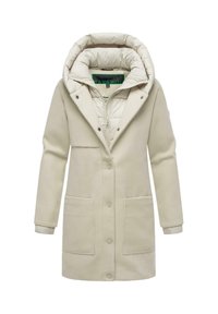 Manteau beige avec une capuche rembourrée, design à double épaisseur, boutons-pression et deux poches avant. Texture lisse avec un intérieur chaud et isolé.