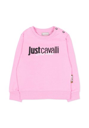 Felpa lunga a maniche lunghe per bambini di colore rosa con la scritta "Just Cavalli Little Rogue", collo rotondo, polsini a costine e due bottoni sulla spalla.