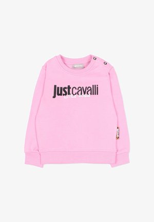 Felpa lunga a maniche lunghe per bambini di colore rosa con la scritta "Just Cavalli Little Rogue", collo rotondo, polsini a costine e due bottoni sulla spalla.
