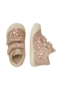 Scarpe per bambini in suede rosa con motivo a stelle, dotate di suole in gomma crema e doppi strap regolabili.