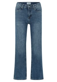 Jean en denim bleu évasé avec une finition lavée, comportant cinq poches, une fermeture à bouton et un léger décoloration à l'avant.