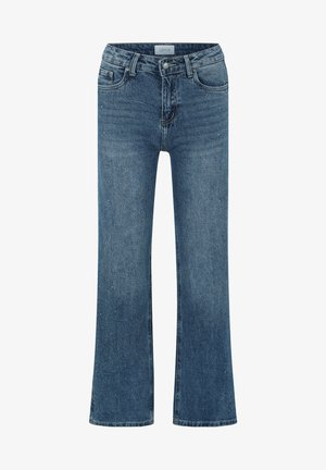 Niebieskie jeansy z rozszerzanymi nogawkami o wykończeniu w stylu vintage, z pięcioma kieszeniami, zapięciem na guzik oraz delikatnym przetarciem z przodu.