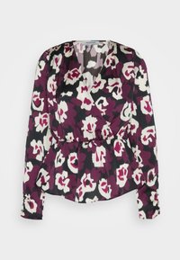 Halenka s dlouhými rukávy ve průhledném materiálu, se vzorem abstraktních květin v burgundské, bílé a černé barvě, s peplum pasem a manžetami na knoflíky.