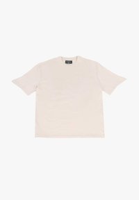 Kurze Ärmel Creme T-Shirt aus Baumwolle, mit Rundhalsausschnitt und einem dezenten, geprägten Logo auf der Brust.