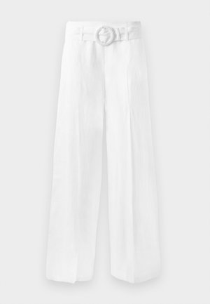 Pantaloni in lino bianchi a gamba ampia con vita con cintura dotata di fibbia circolare. Tessuto morbido con una vestibilità ampia, senza motivi visibili.