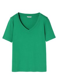 Zelené tričko s krátkým rukávem a hlubokým výstřihem do V, vyrobené z hladké bavlněné látky, s klasickým střihem a minimalistickým designem.