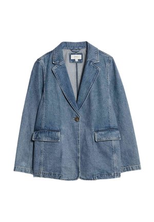 Blazer in denim azzurro chiaro, con colletto a punta, chiusura con un bottone e due tasche anteriori. Tessuto testurizzato con cuciture visibili.