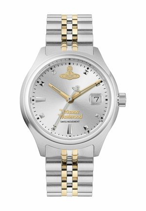 Silver watch featuring a textured dial, gold accents, a date window, and a two-tone stainless steel bracelet with a clasp.