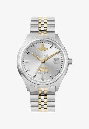 Silver watch featuring a textured dial, gold accents, a date window, and a two-tone stainless steel bracelet with a clasp.