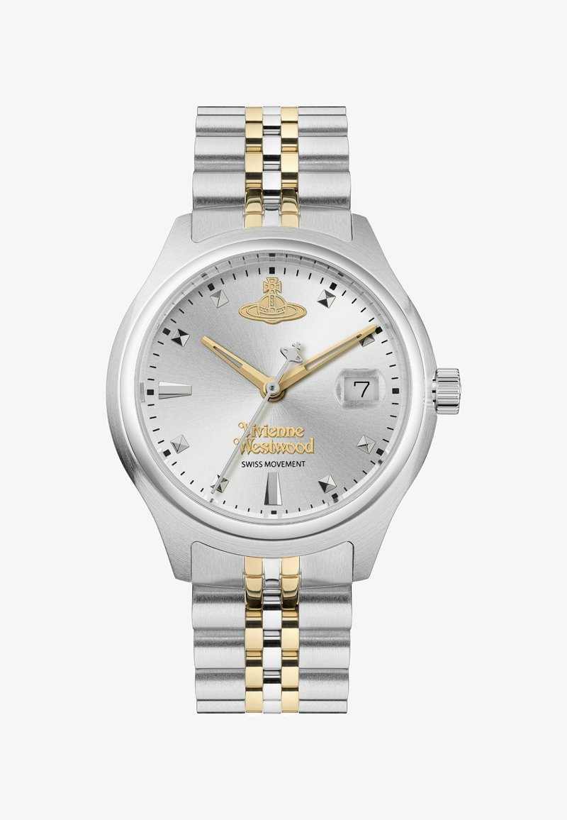 Zilveren horloge met een gestructureerde wijzerplaat, gouden accenten, een datumaanduiding en een tweekleurige roestvrijstalen band met een sluiting.