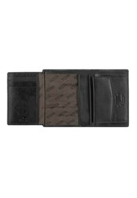 Zwarte leren portemonnee met meerdere kaartsleuven, een compartiment voor briefgeld en een bruin interieur met een patroonvoering. Soepele textuur.