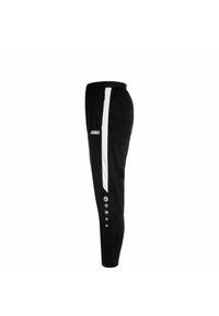 Pantalons de sport noirs avec une bande blanche, taille élastique, et boutons-pression sur le côté pour un ajustement réglable. Logo à l'avant.