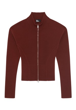 Rust-colored ribbed knit cardigan with a high collar, full zipper, and fitted silhouette. Features structured seams and long sleeves.