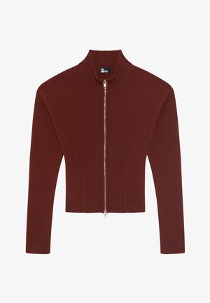 Cardigan a coste color ruggine con colletto alto, zip completa e silhouette aderente. Presenta cuciture strutturate e maniche lunghe.