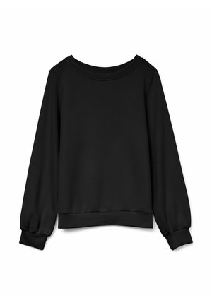 Sweat-shirt noir à manches longues en tissu doux, avec un col large, des poignets élastiques et une coupe décontractée. Texture lisse sur l'ensemble.
