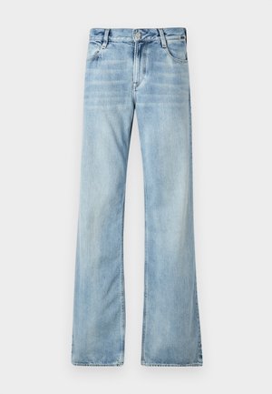 Hellblaue, ausgestellte Jeans aus Denim mit einem Fünf-Taschen-Design, Knopfverschluss und sanften Ausbleichungen für einen getragenen Effekt.