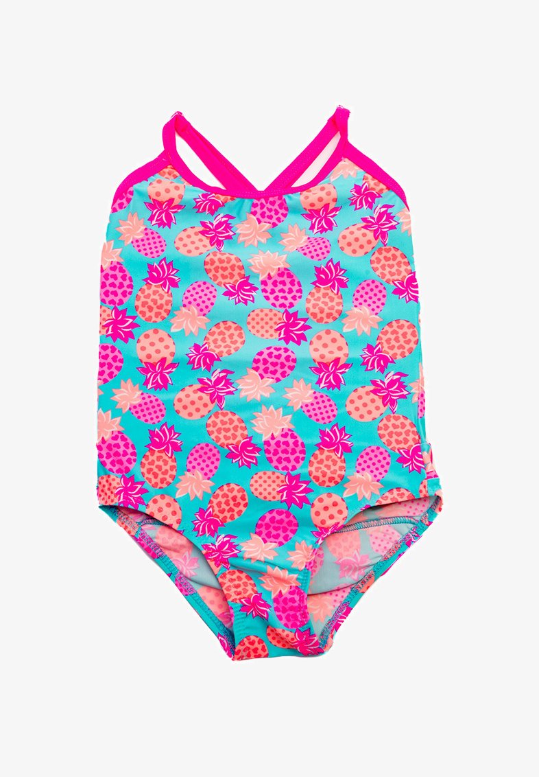Kostium kąpielowy z intensywnym turkusowym tłem, pokryty powtarzającym się wzorem ananasów w odcieniach różu, koralu i brzoskwini. Krzyżujące się ramiączka.