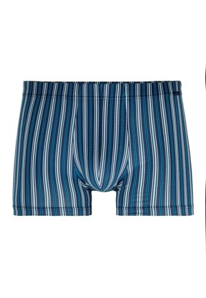 Boxer-briefs rayés pour hommes en bleu, vert et blanc. Tissu doux avec une taille élastique et un design ajusté. Longueur de jambe courte.