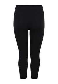Schwarze Leggings aus einem dehnbaren, glatten Material. Sie haben einen hohen Bund und ein figurbetontes Design, das bis knapp unter die Mitte der Wade reicht.