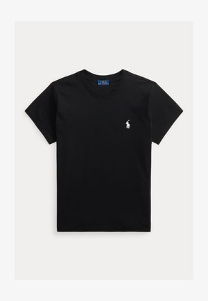 Czarny t-shirt z krótkim rękawem i okrągłym dekoltem, z małym białym logo Polo Ralph Lauren na lewej piersi.