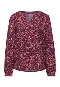 Blouse bordeaux à manches longues avec un motif abstrait rose, décolleté en V et manches froncées. Tissu léger avec une texture lisse.