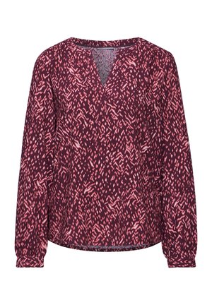 Blouse bordeaux à manches longues avec un motif abstrait rose, décolleté en V et manches froncées. Tissu léger avec une texture lisse.
