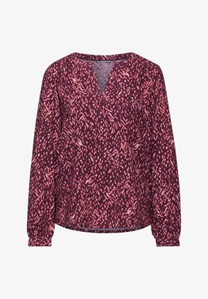Burgunderrote Bluse mit langen Ärmeln, abstraktem pinkem Muster, V-Ausschnitt und gerafften Ärmeln. Leichter Stoff mit glatter Textur.