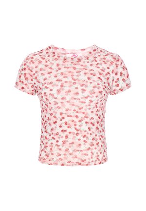Růžové tričko s krátkým rukávem z síťoviny s celoplošným potiskem červených třešní a kulatým výstřihem.