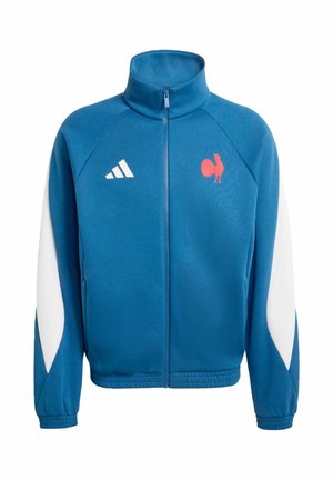 Blaues Sportjackett mit hohem Kragen, weißen Akzenten an den Ärmeln, rotem Hahn-Logo, Reißverschluss und gerippten Bündchen und Saum.