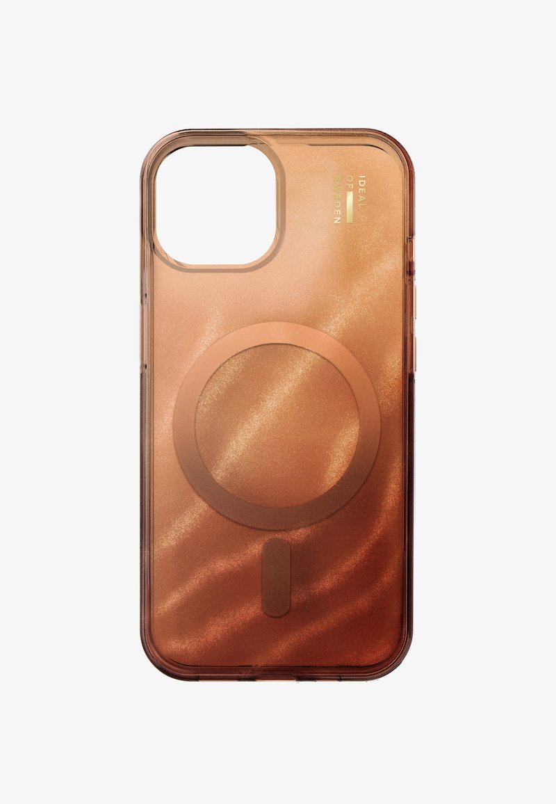 Rosaguld, gennemsigtigt telefonetui med skinnende tekstur, cirkulært magnetdesign og udskæring til kamera. Glatte kanter, minimalistisk mærkning.