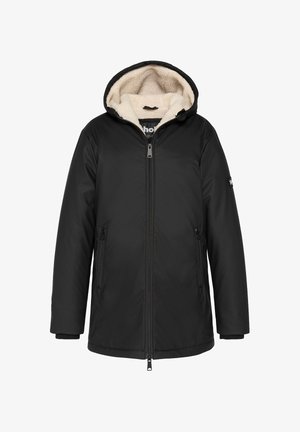 Zwarte winterjas met capuchon, vooraan met rits en ritszakken aan de zijkanten, met een crèmekleurige fleecvoering aan de binnenkant van de capuchon.