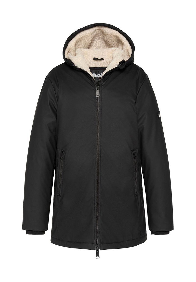 Schwarze kapuzen Winterjacke mit Frontreißverschluss und seitlichen Reißverschlusstaschen, innen mit einer cremefarbenen Fleece-Polsterung in der Kapuze.