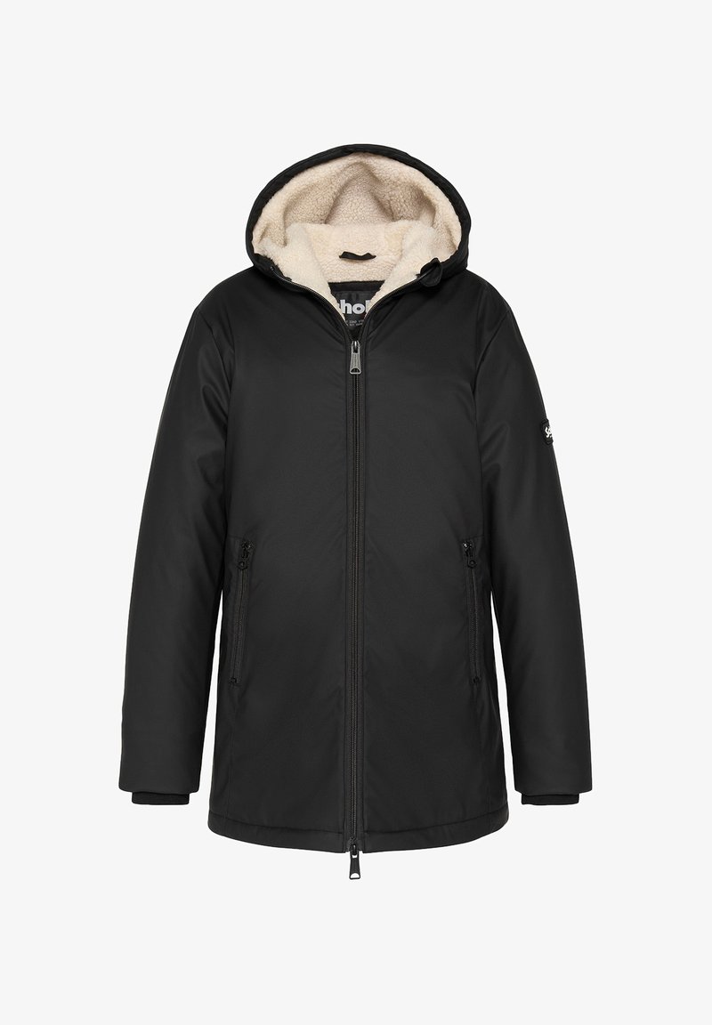 Schwarze kapuzen Winterjacke mit Frontreißverschluss und seitlichen Reißverschlusstaschen, innen mit einer cremefarbenen Fleece-Polsterung in der Kapuze.