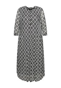 Robe à motifs géométriques noir et blanc avec un col rond, des manches trois-quarts et des boutons sur le devant.