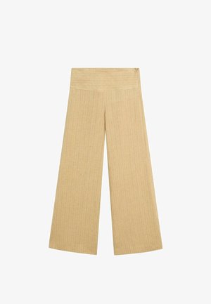 Pantalon beige à jambes larges avec de fines rayures verticales et une taille haute et large munie d'une fermeture éclair latérale.