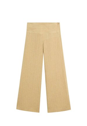 Pantalon beige à jambes larges avec de fines rayures verticales et une taille haute et large munie d'une fermeture éclair latérale.