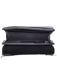 Portafoglio nero con esterno in pelle liscia, fondo in camoscio, tasca con cerniera e scomparti multipli, con interno in tessuto stampato.