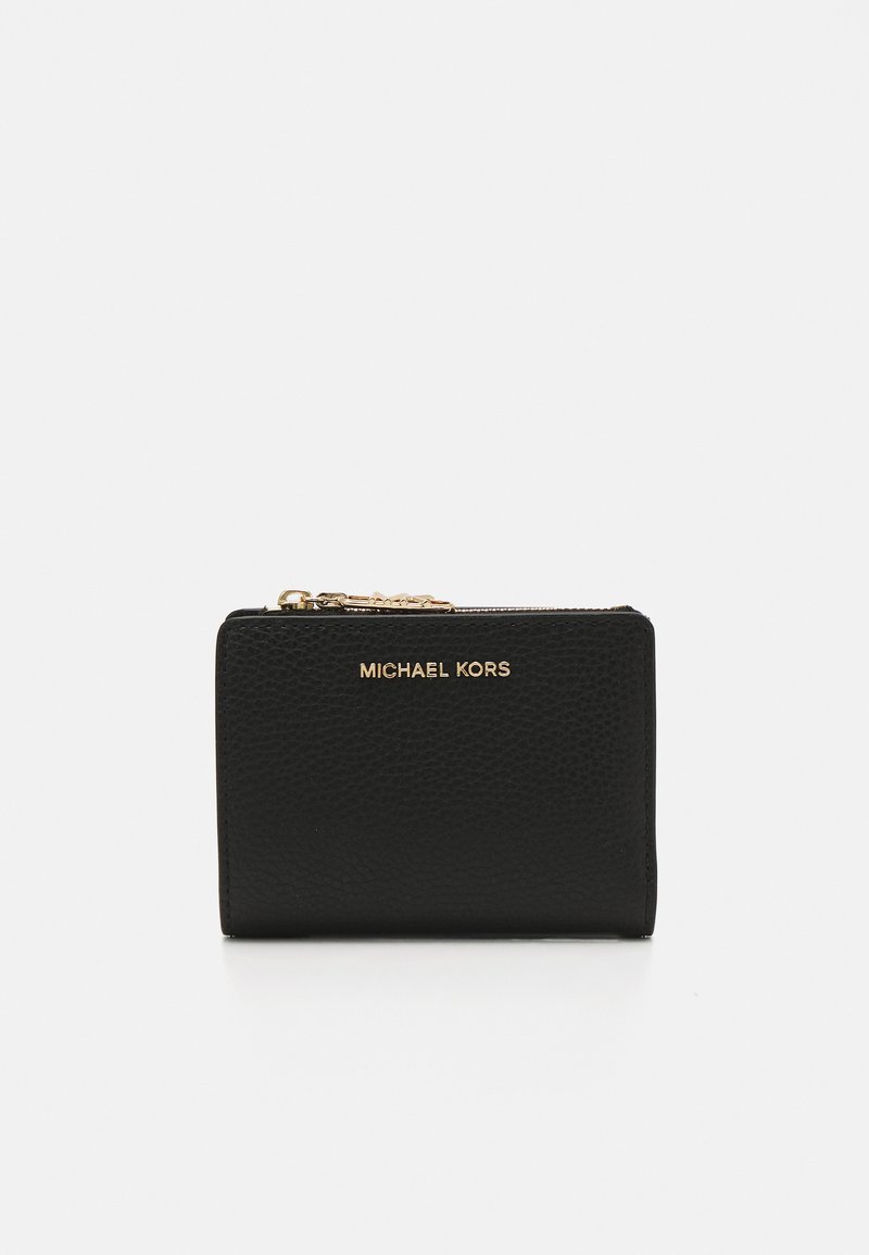 Black leather wallet with textured surface, gold "MICHAEL KORS" logo, and zip closure. Compact rectangular shape with a minimalistic design.