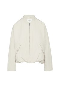 Light beige bomber jacket with a high collar, front zip closure, and side pockets. Features a relaxed fit and smooth, lightweight fabric.