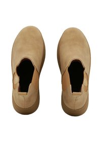 Scarpe slip-on color testa di moro con una parte superiore in pelle liscia, pannelli laterali elastici e punta arrotondata. Presentano un design semplice e una suola piatta in gomma.