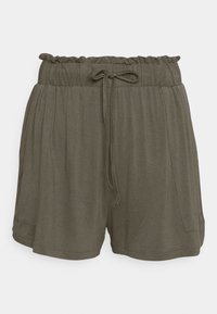 Olive green relaxed-fit shorts with an elastic waistband, drawstring, and side pockets. Soft material with a smooth texture.