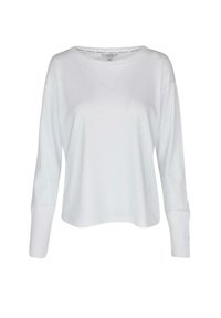 White long-sleeve top with a wide neckline, ribbed cuffs, and a relaxed fit. Made from a soft, lightweight fabric. Minimalist design.