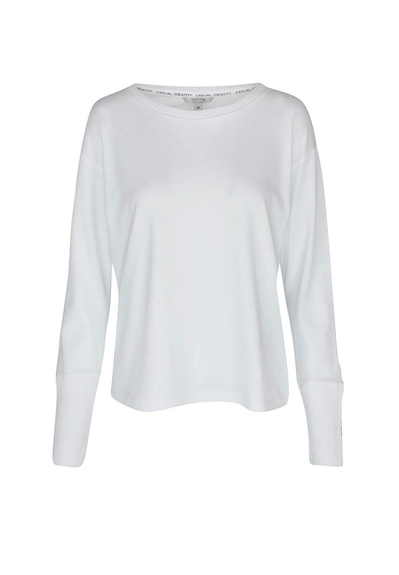 White long-sleeve top with a wide neckline, ribbed cuffs, and a relaxed fit. Made from a soft, lightweight fabric. Minimalist design.