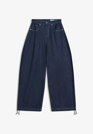 Dark blue wide-leg denim pants with front pockets, button closure, and adjustable ties at the hem.
