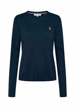 Granatowy sweter z długim rękawem wykonany z teksturowanej tkaniny, z okrągłym dekoltem i małym haftowanym logo na piersi.