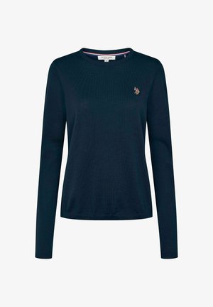 Pull à manches longues bleu marine en tissu texturé, avec un col rond et un petit logo brodé sur la poitrine.