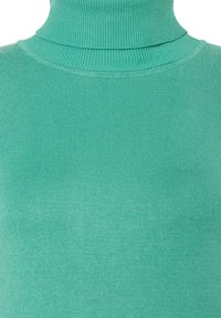 Nahaufnahme eines gerippten grünen Rollkragenpullovers, der die Textur und das Strickmuster am Kragen und Brustbereich zeigt.