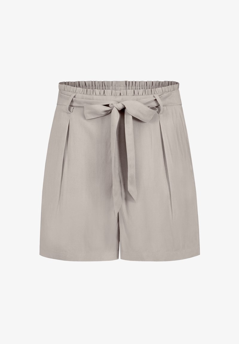 Beige Shorts mit einem elastischen Bund, einem vorderen Bindegürtel und Faltendetails. Glattes Material mit einer lockeren Passform und geradem Saum.