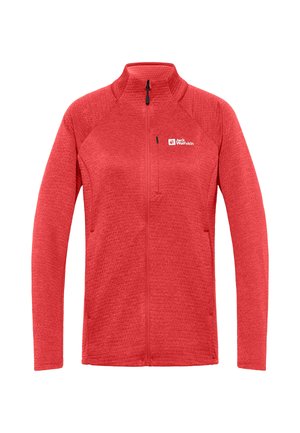 Rode fleece jack met ritssluiting, voorzien van een textuurpatroon, opstaande kraag, twee zijzakken en een klein logo op de borst.
