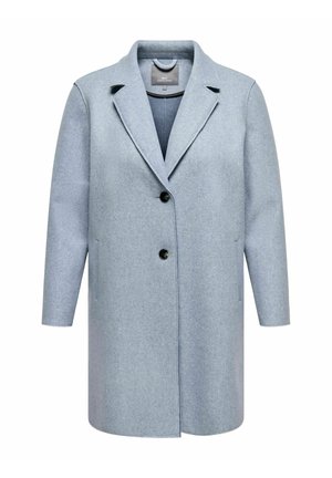 Manteau bleu clair en mélange de laine avec col à revers, coupe simple boutonnage, deux poches avant et boutons noirs. Silhouette épurée.